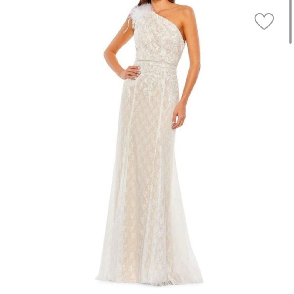 Mac Duggal Ivory One-Shoulder Lace Evening Gown with Feather Detail